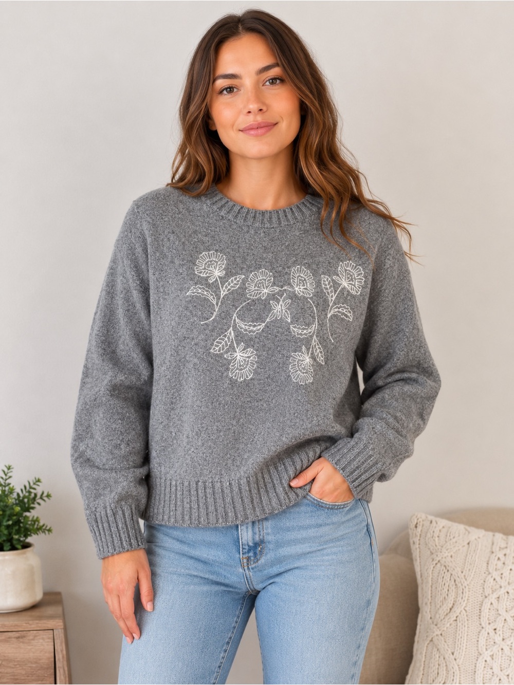 Haute Hippie Grey Crewneck Sweater with White Floral Embroidery NWOT Women’s XS